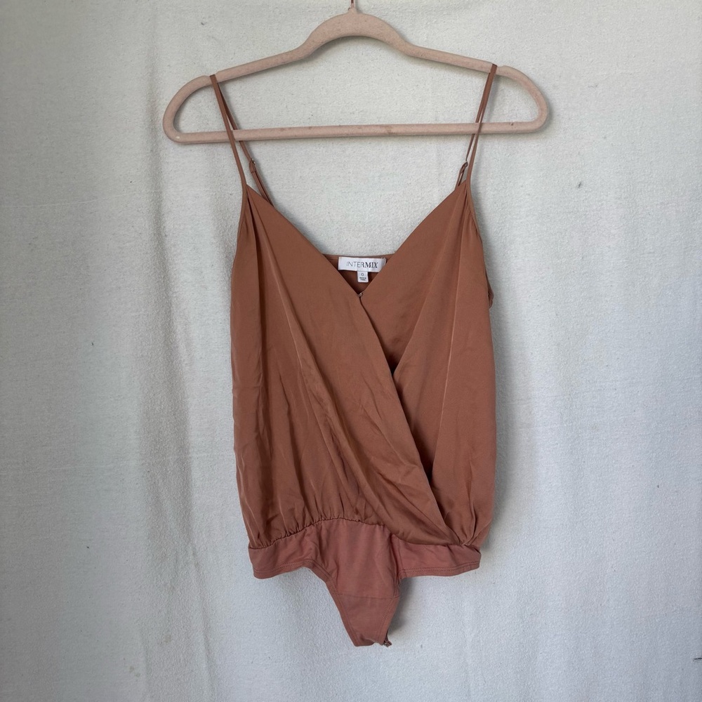 INTERMIX silk Tan Wrap Bodysuit
